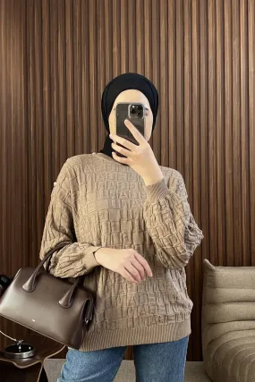 Abjad Sweater - Mocca - Atasan Sweater Knit Wanita Motif Gonegani