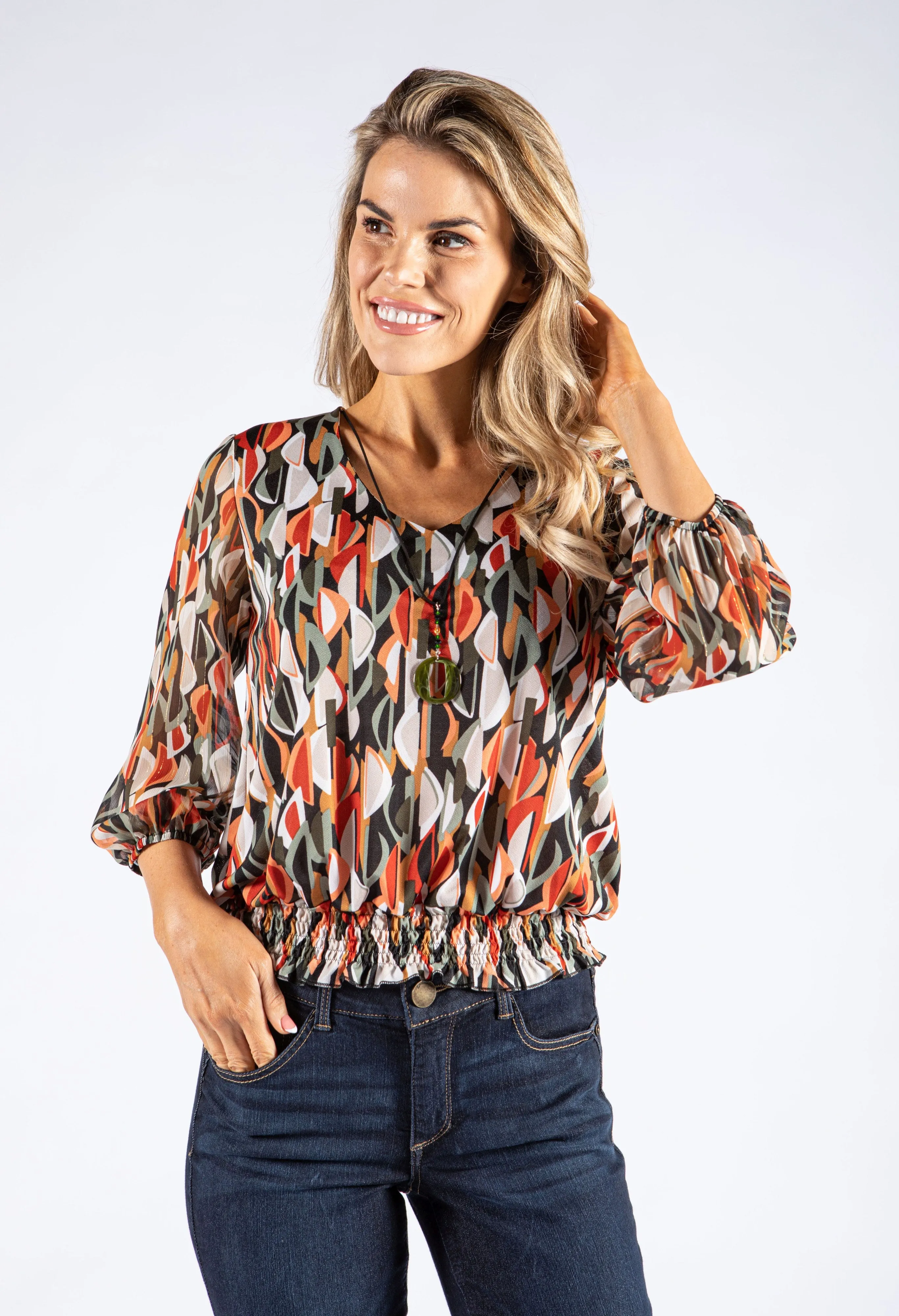 Abstract Print V Neckline Blouse