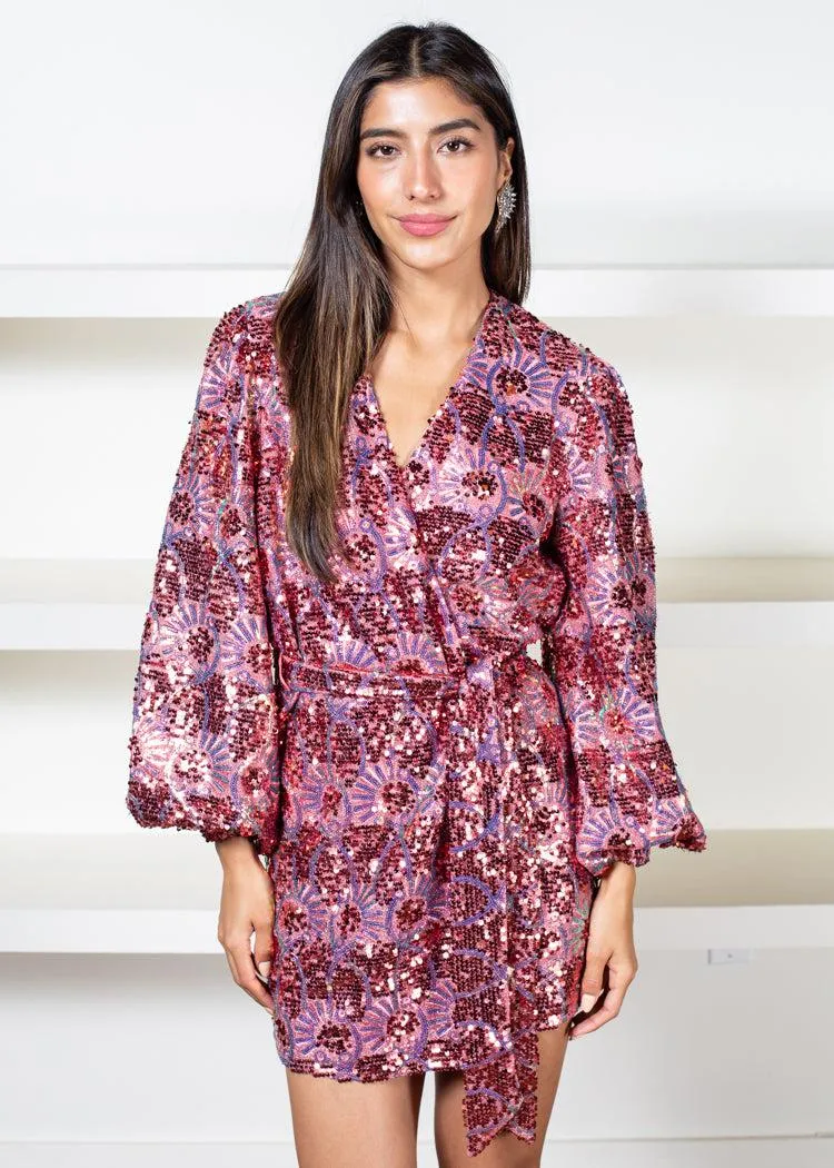 Adelina Sequin Wrap Dress- Strawberry