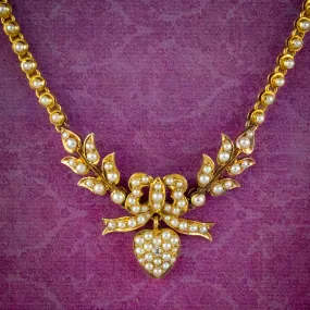 Antique Edwardian Pearl Diamond Heart Swag Necklace 18ct Gold Circa 1905