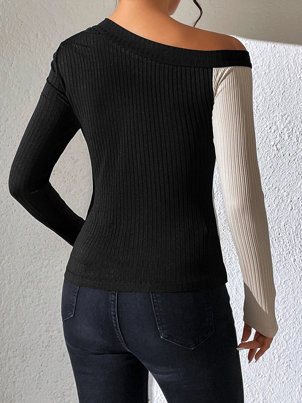 Asymmetric One Shoulder Contrast Color Buttoned Sweater