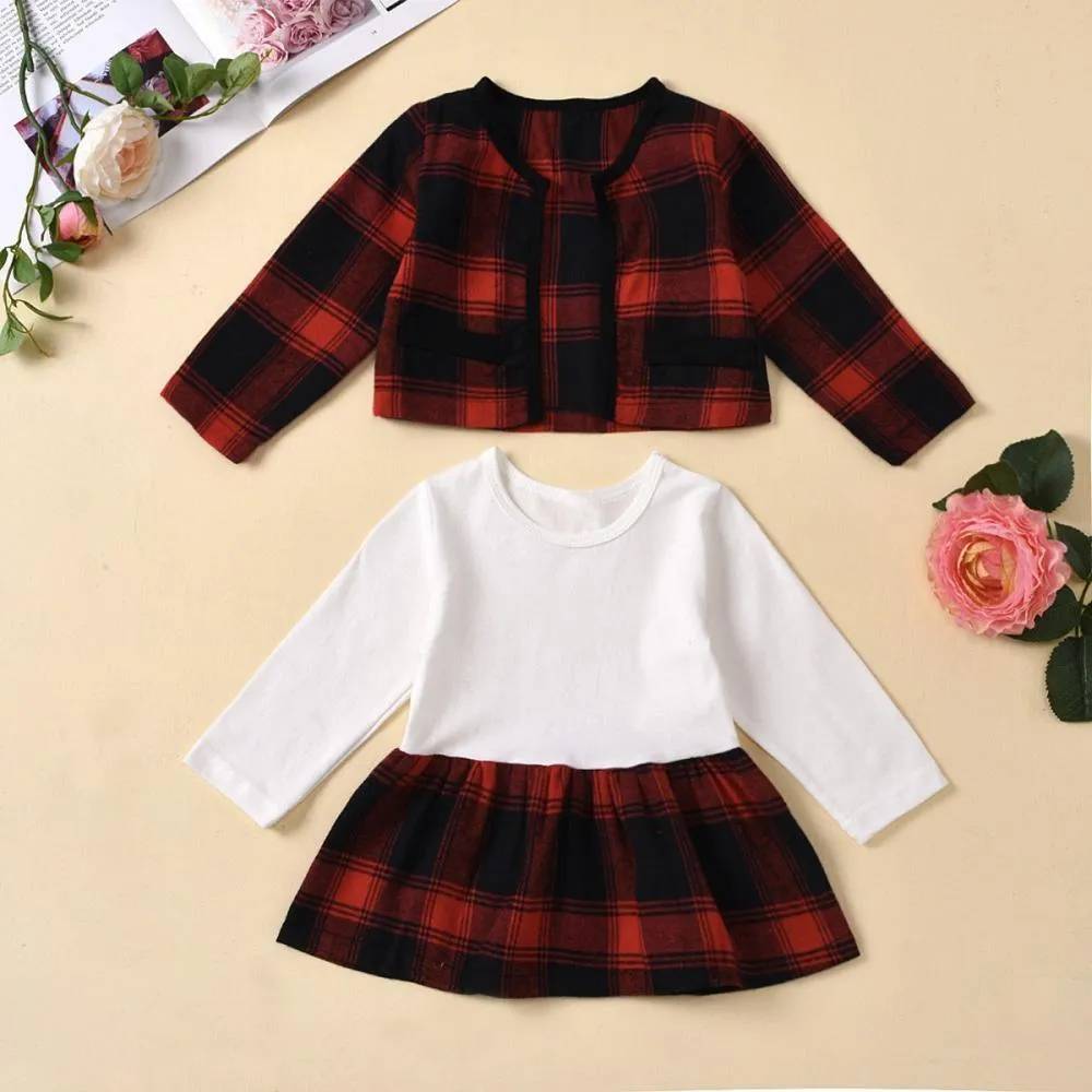 Autumn Plaid Stitching Skirt Girls Suit Wholesale Baby Girls Clothes
