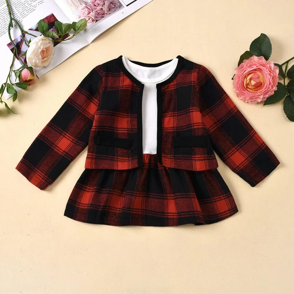 Autumn Plaid Stitching Skirt Girls Suit Wholesale Baby Girls Clothes