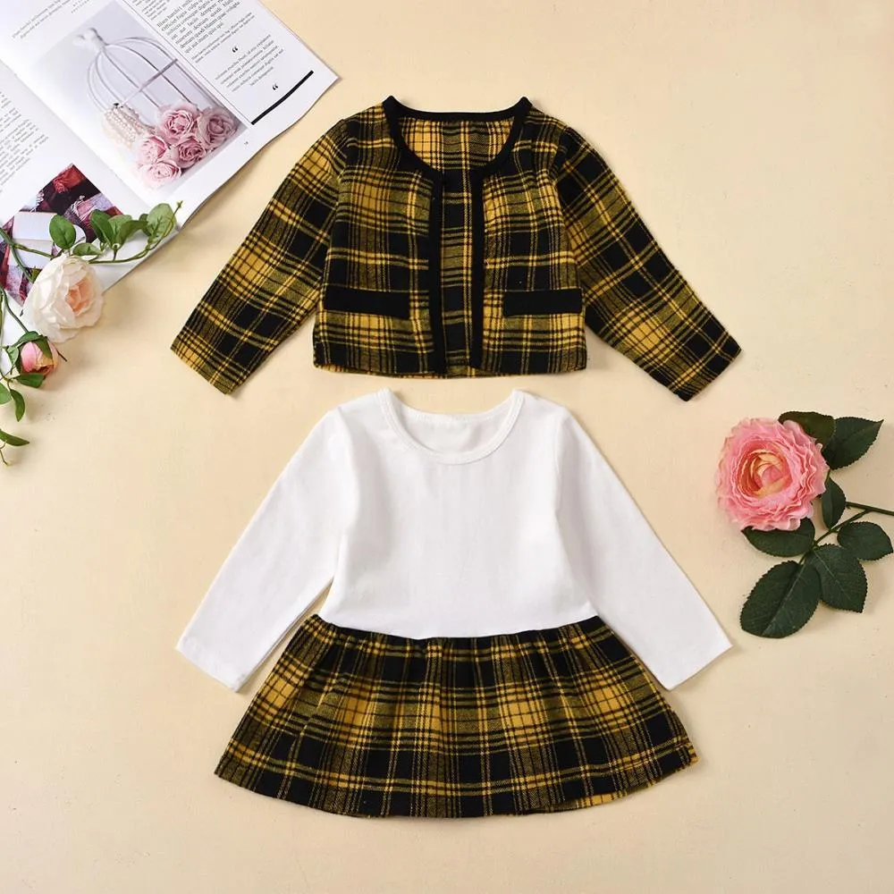 Autumn Plaid Stitching Skirt Girls Suit Wholesale Baby Girls Clothes