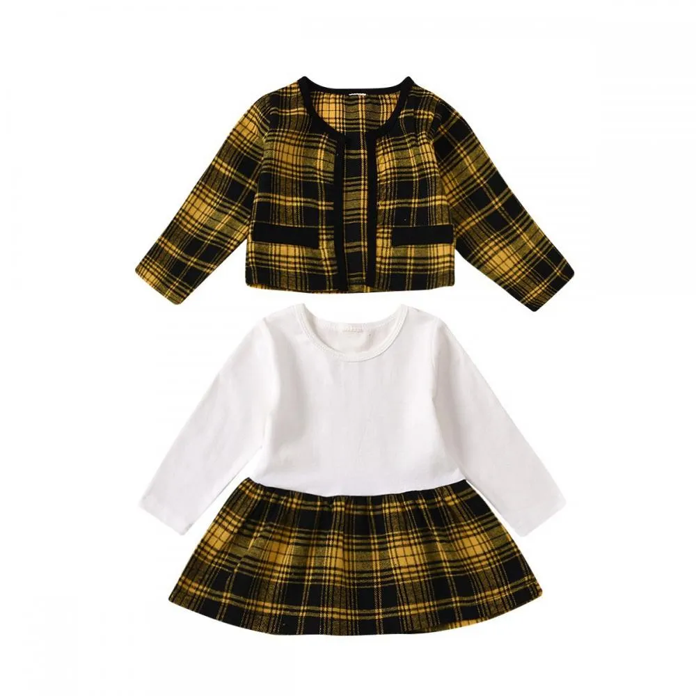 Autumn Plaid Stitching Skirt Girls Suit Wholesale Baby Girls Clothes