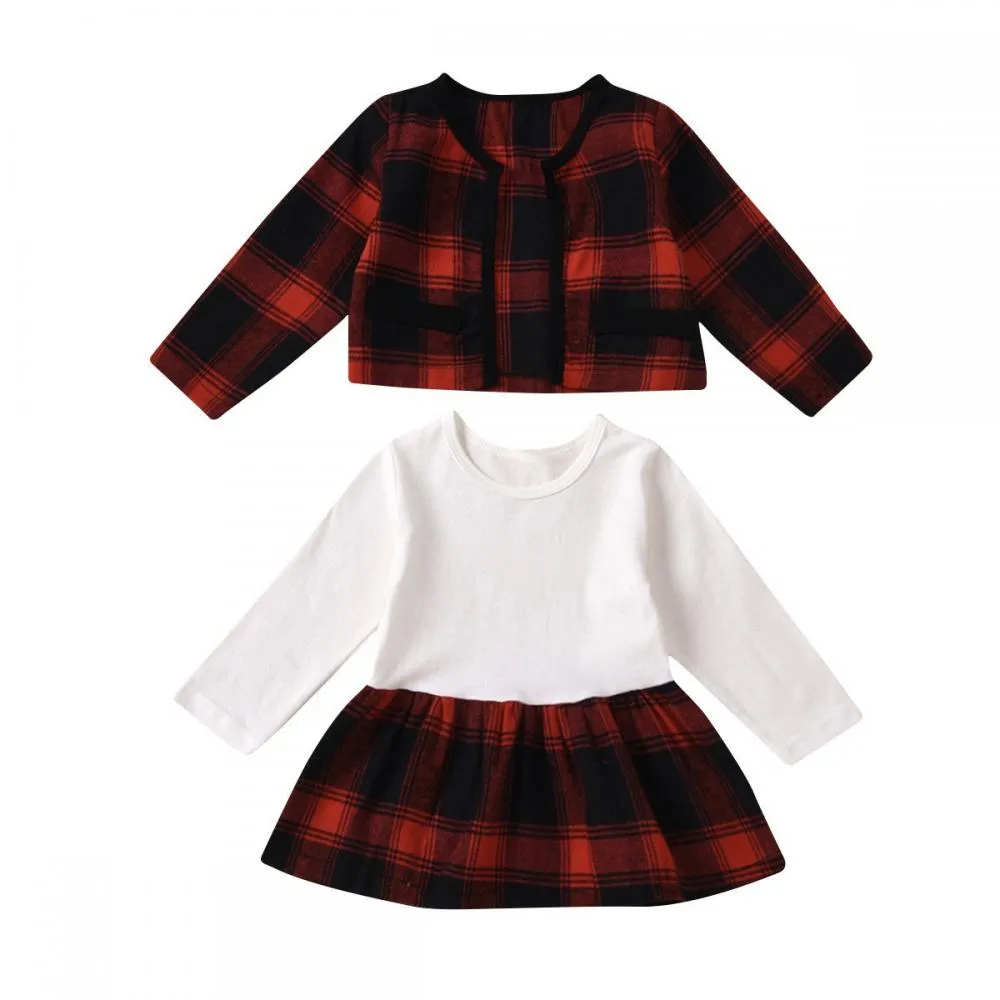Autumn Plaid Stitching Skirt Girls Suit Wholesale Baby Girls Clothes
