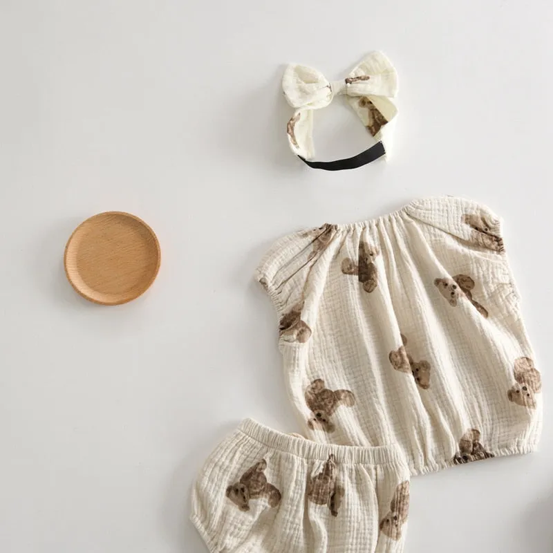 Bear Print Toddler with Headband 3 Pcs Suits