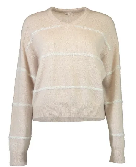 BEIGE STRIPED SEQUINED V-NECK SWEATER