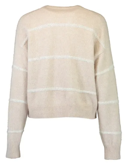 BEIGE STRIPED SEQUINED V-NECK SWEATER