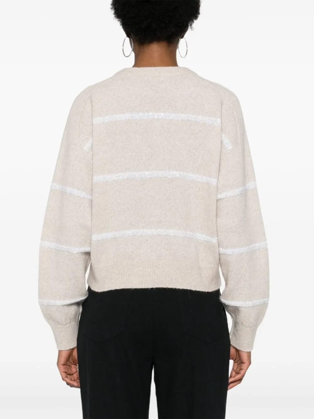 BEIGE STRIPED SEQUINED V-NECK SWEATER