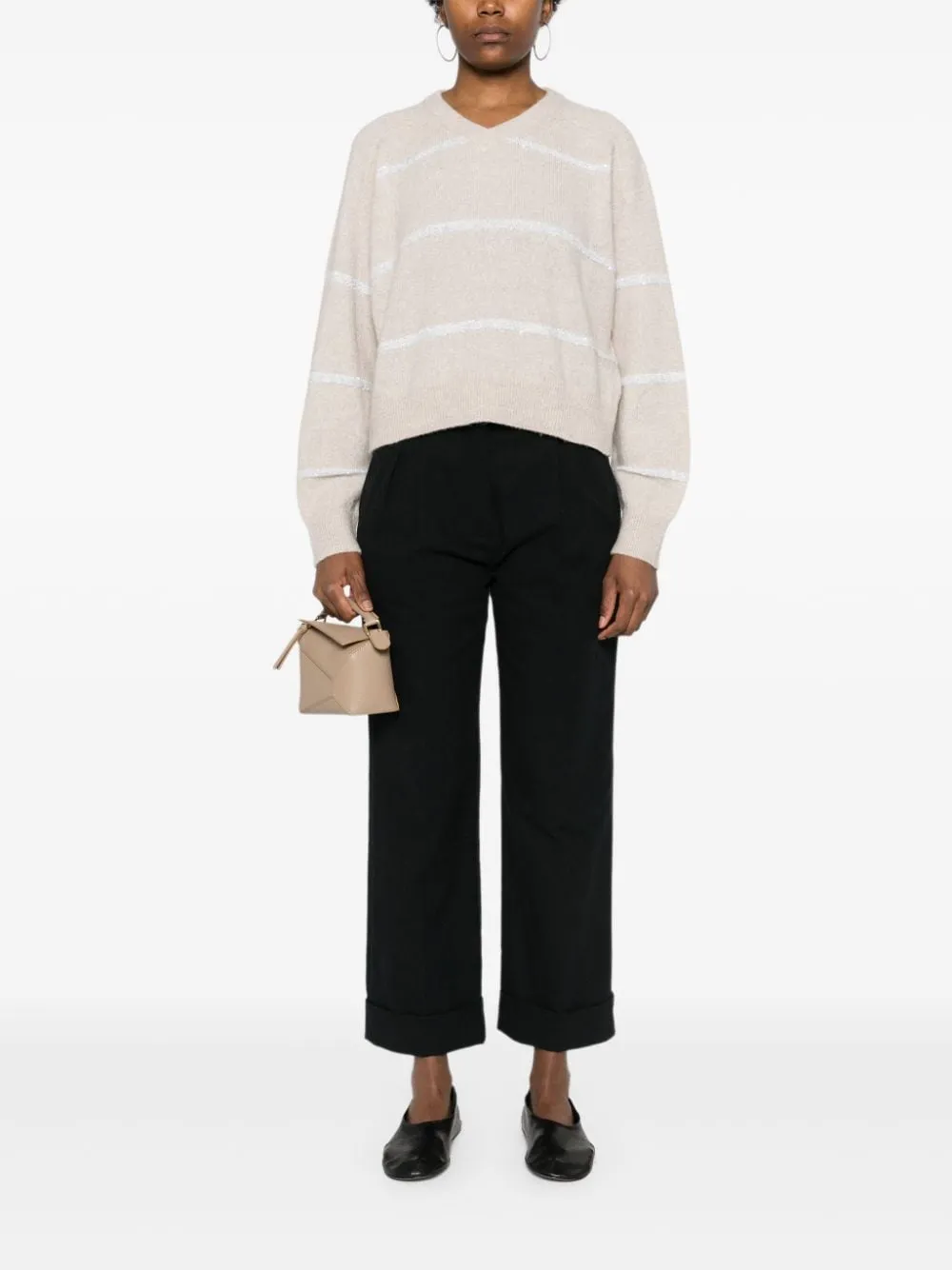 BEIGE STRIPED SEQUINED V-NECK SWEATER