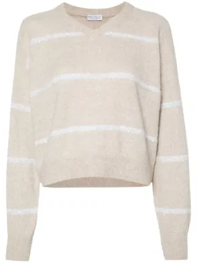 BEIGE STRIPED SEQUINED V-NECK SWEATER