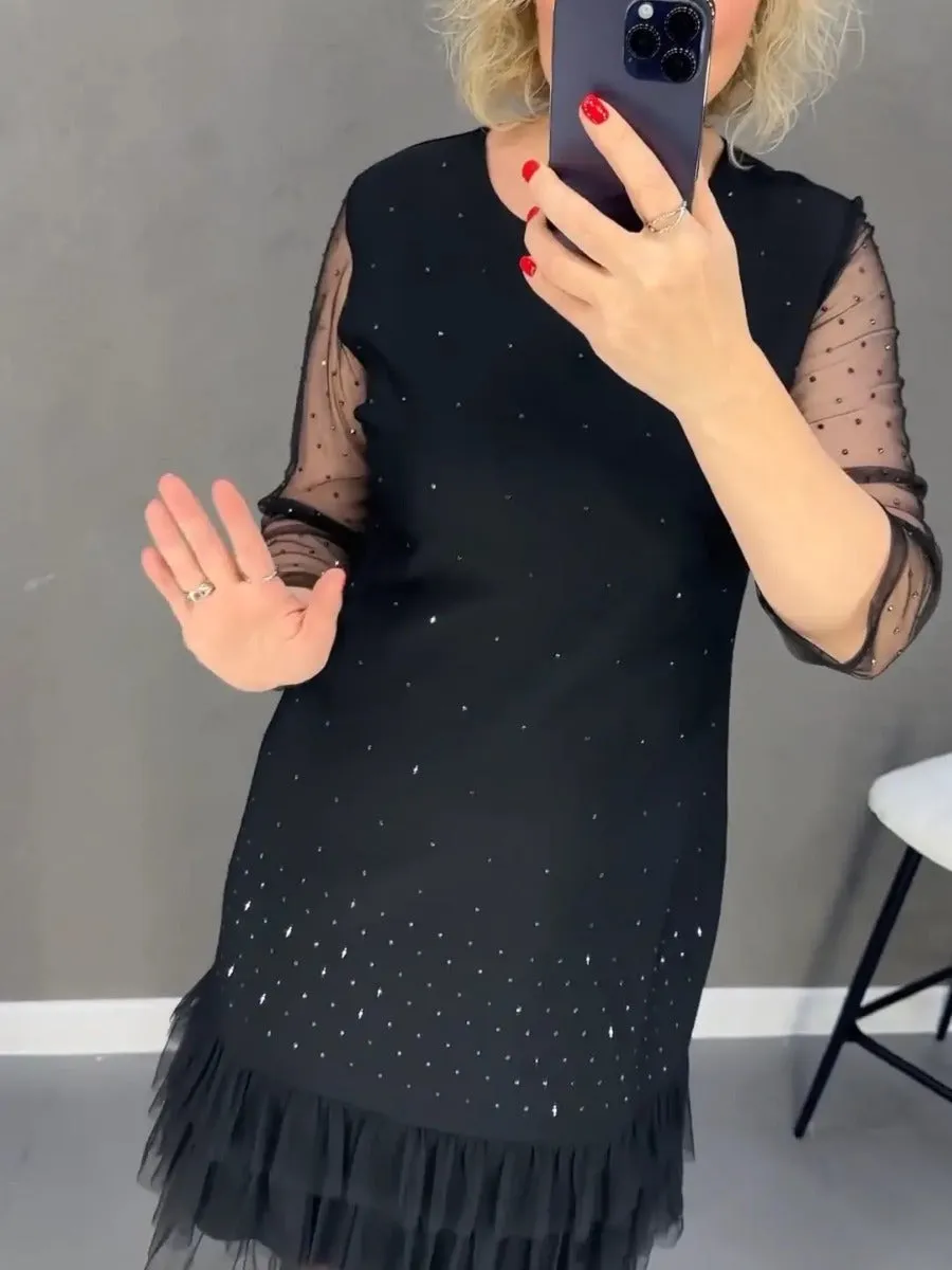 Black Friday Sale:50% OFFLace Sequin Hem Mesh Sheer Sleeve Mini Dress