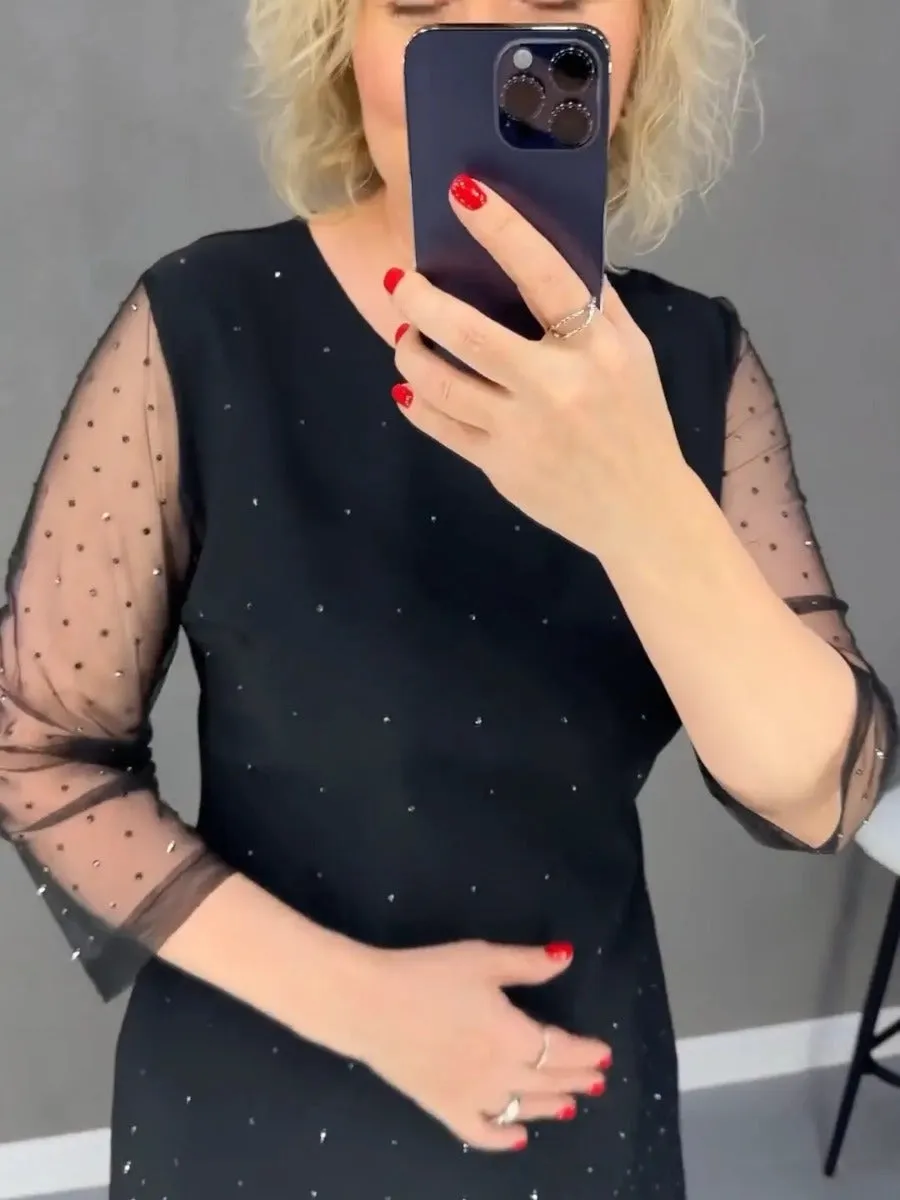 Black Friday Sale:50% OFFLace Sequin Hem Mesh Sheer Sleeve Mini Dress