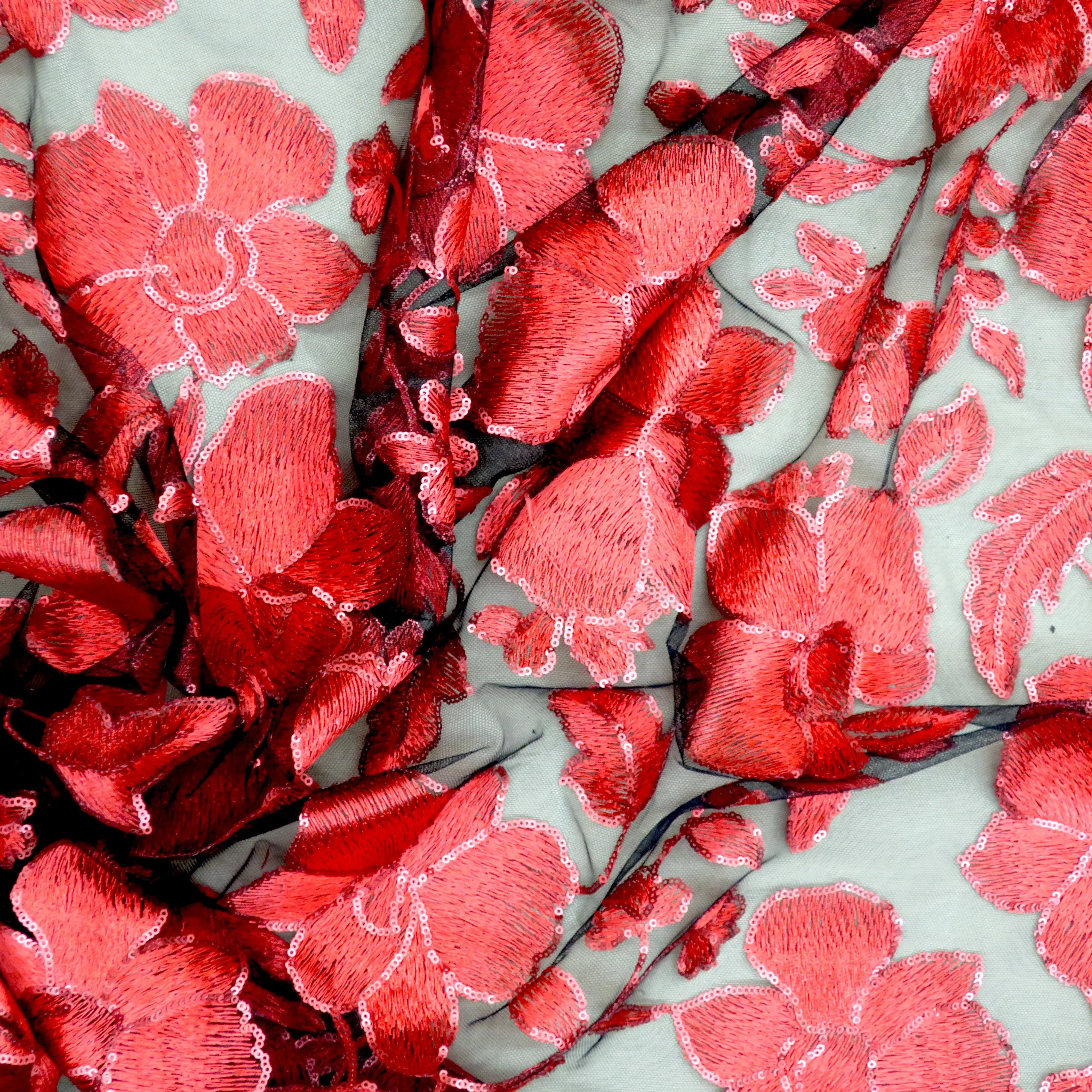 Black Tulle with Red Floral Lurex Thread and Sequin Design Embroidered Fabric