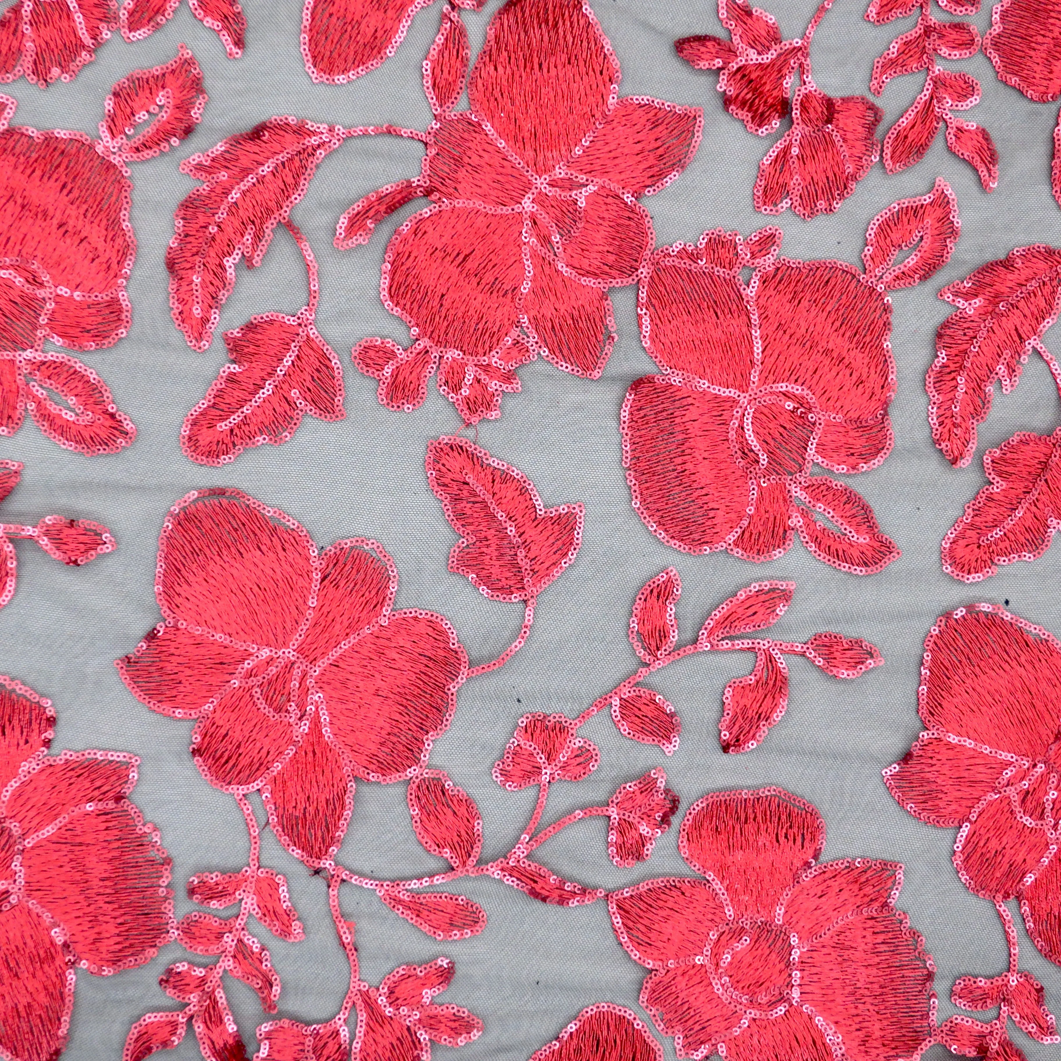 Black Tulle with Red Floral Lurex Thread and Sequin Design Embroidered Fabric