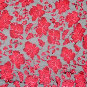 Black Tulle with Red Floral Lurex Thread and Sequin Design Embroidered Fabric