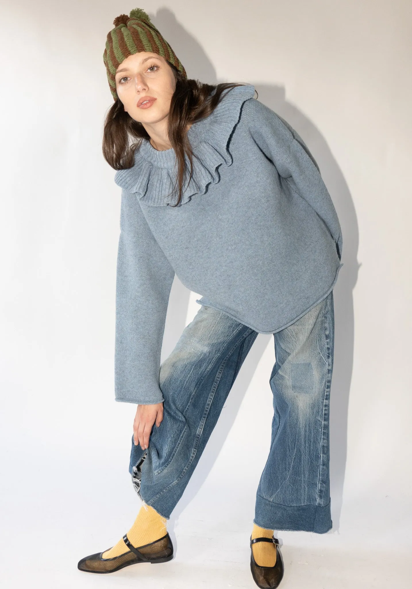 British Lambswool Ruffle Neck Pullover Sweater in Glacier