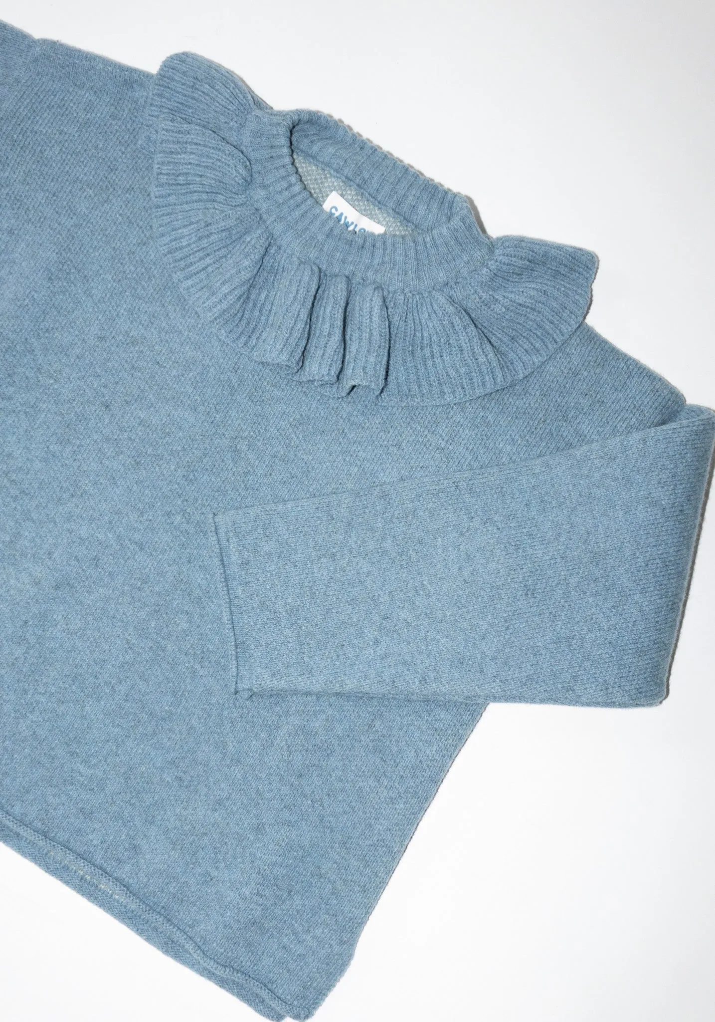 British Lambswool Ruffle Neck Pullover Sweater in Glacier