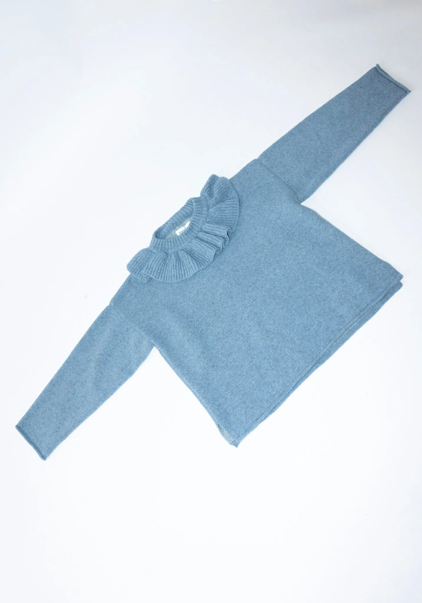 British Lambswool Ruffle Neck Pullover Sweater in Glacier