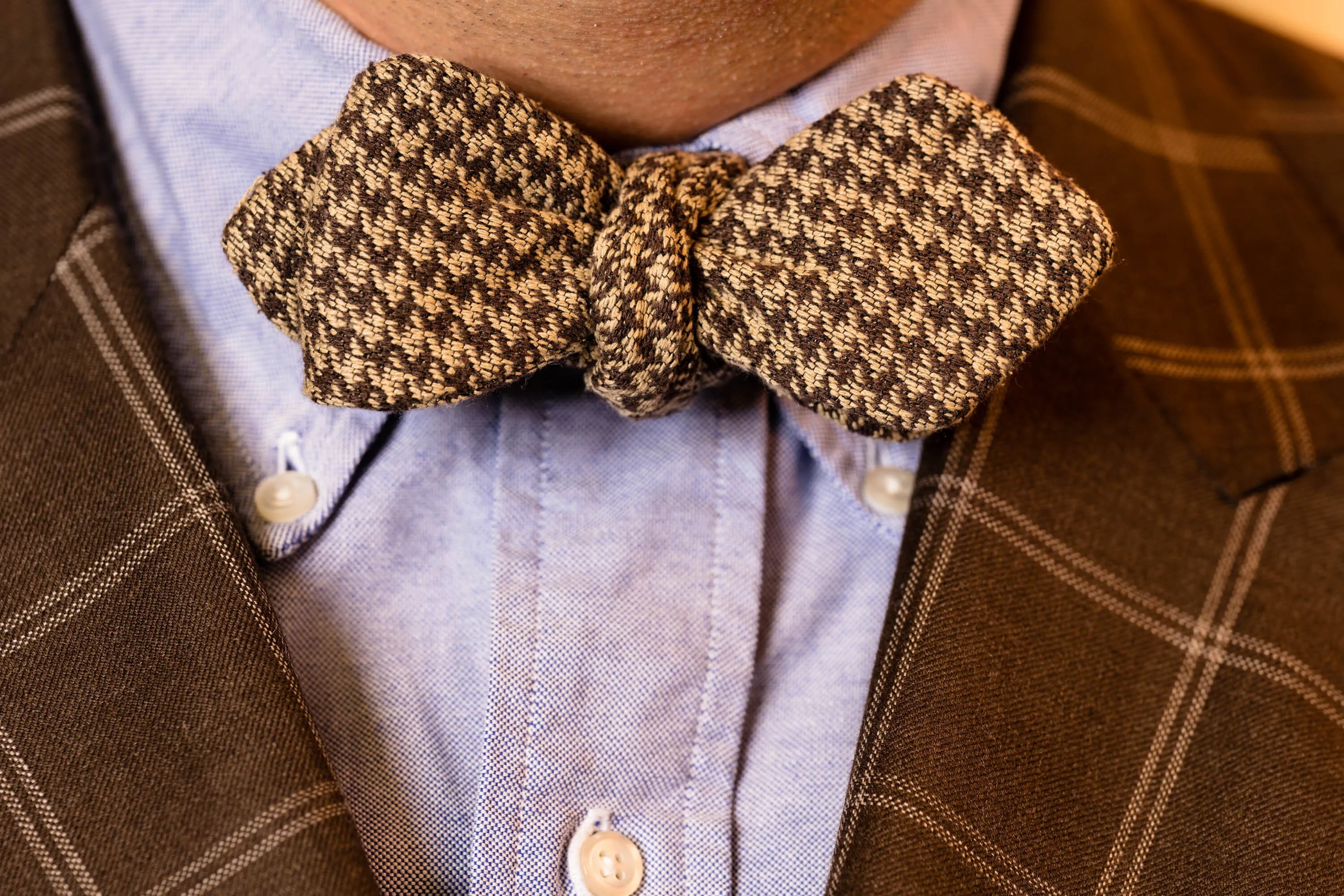 Brown & Beige Houndstooth Silk Bourette Bow Tie