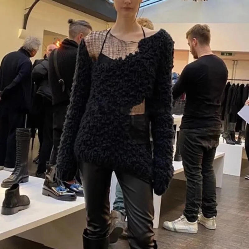 Design Beige Loose Round Neck Hollow Out Patchwork Weave Knitted Long Sleeve Sweater