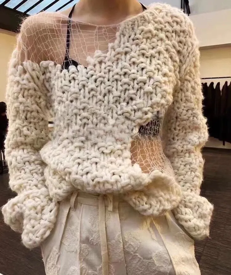 Design Beige Loose Round Neck Hollow Out Patchwork Weave Knitted Long Sleeve Sweater