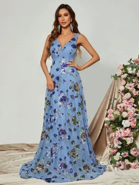 Elegant V Neck Blackless Sequin A Line Dress
