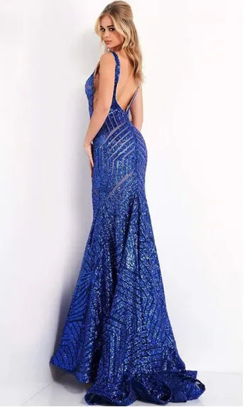 Jovani Plunging Neckline Open Back Cut Out Sequins Gown
