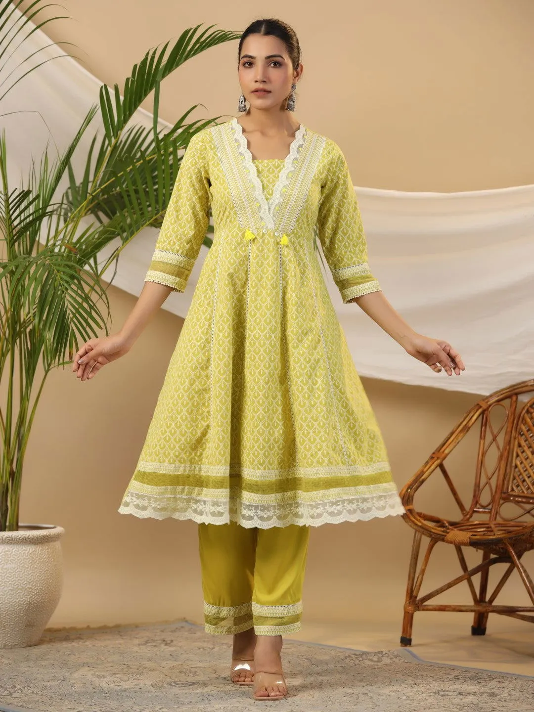 Juniper Ethnic Motif Print & Lacy Pure Cotton Kurta With Pant & Dupatta Set With Sequin Button & Tassel