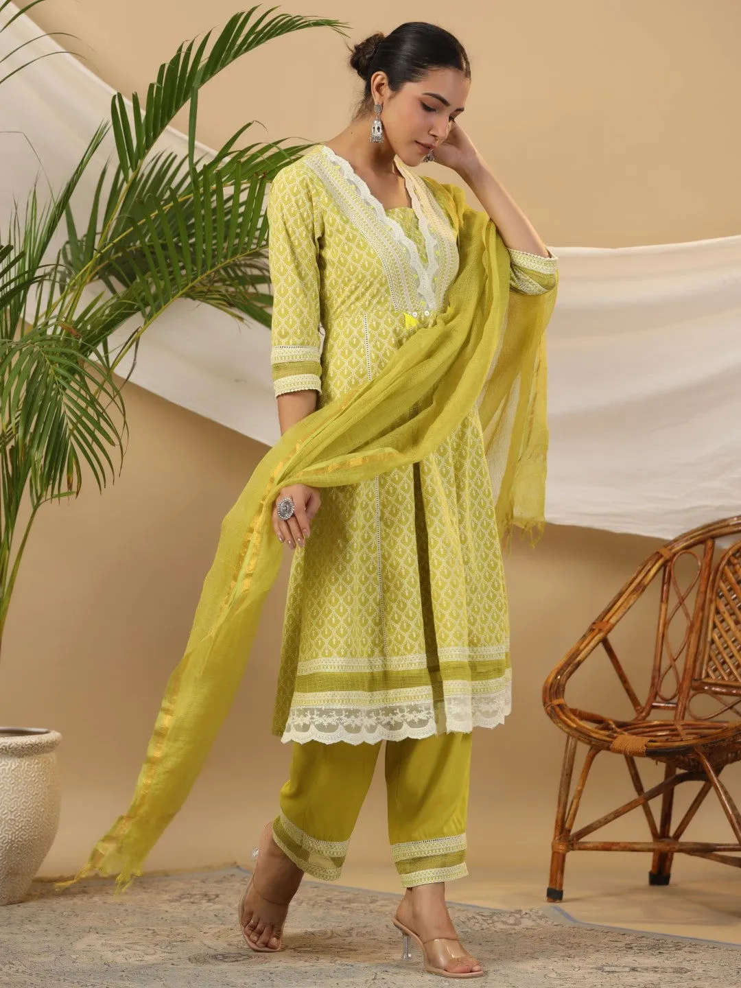 Juniper Ethnic Motif Print & Lacy Pure Cotton Kurta With Pant & Dupatta Set With Sequin Button & Tassel