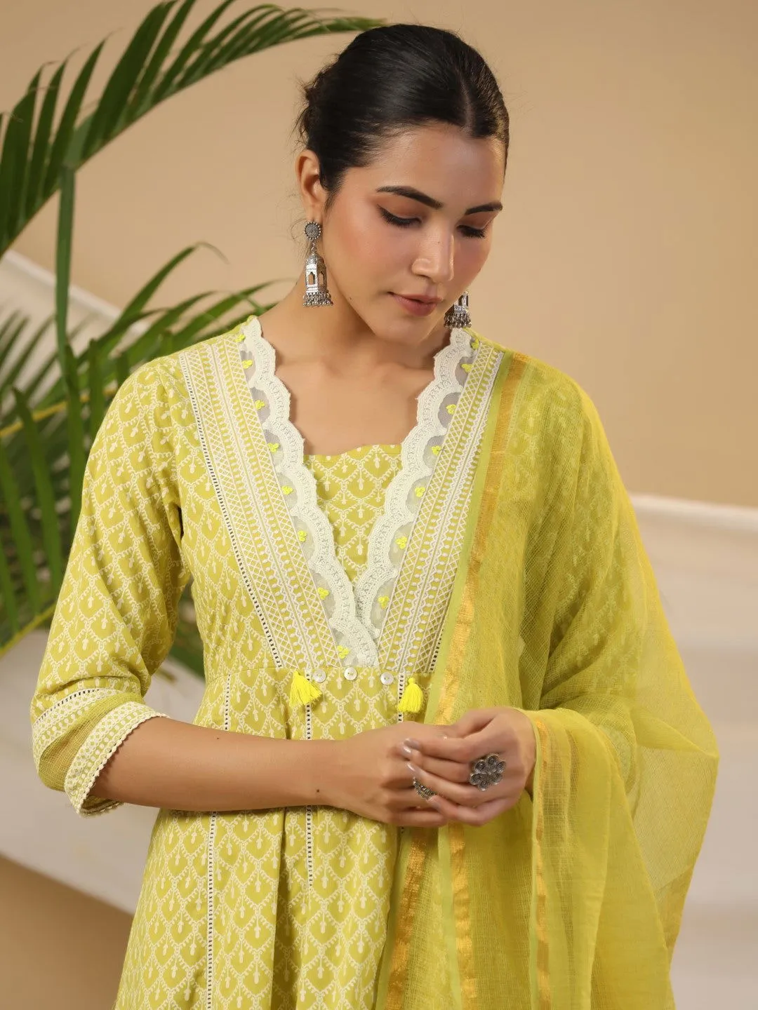 Juniper Ethnic Motif Print & Lacy Pure Cotton Kurta With Pant & Dupatta Set With Sequin Button & Tassel