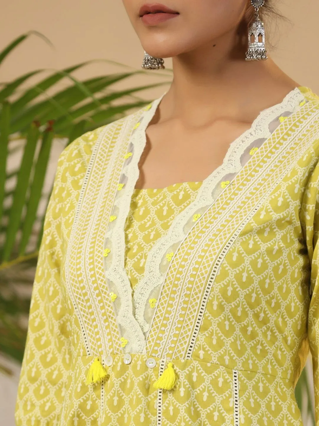 Juniper Ethnic Motif Print & Lacy Pure Cotton Kurta With Pant & Dupatta Set With Sequin Button & Tassel
