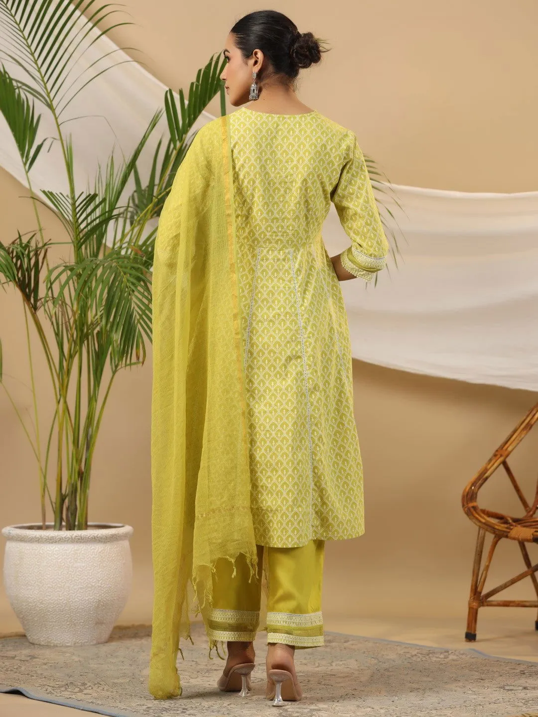 Juniper Ethnic Motif Print & Lacy Pure Cotton Kurta With Pant & Dupatta Set With Sequin Button & Tassel