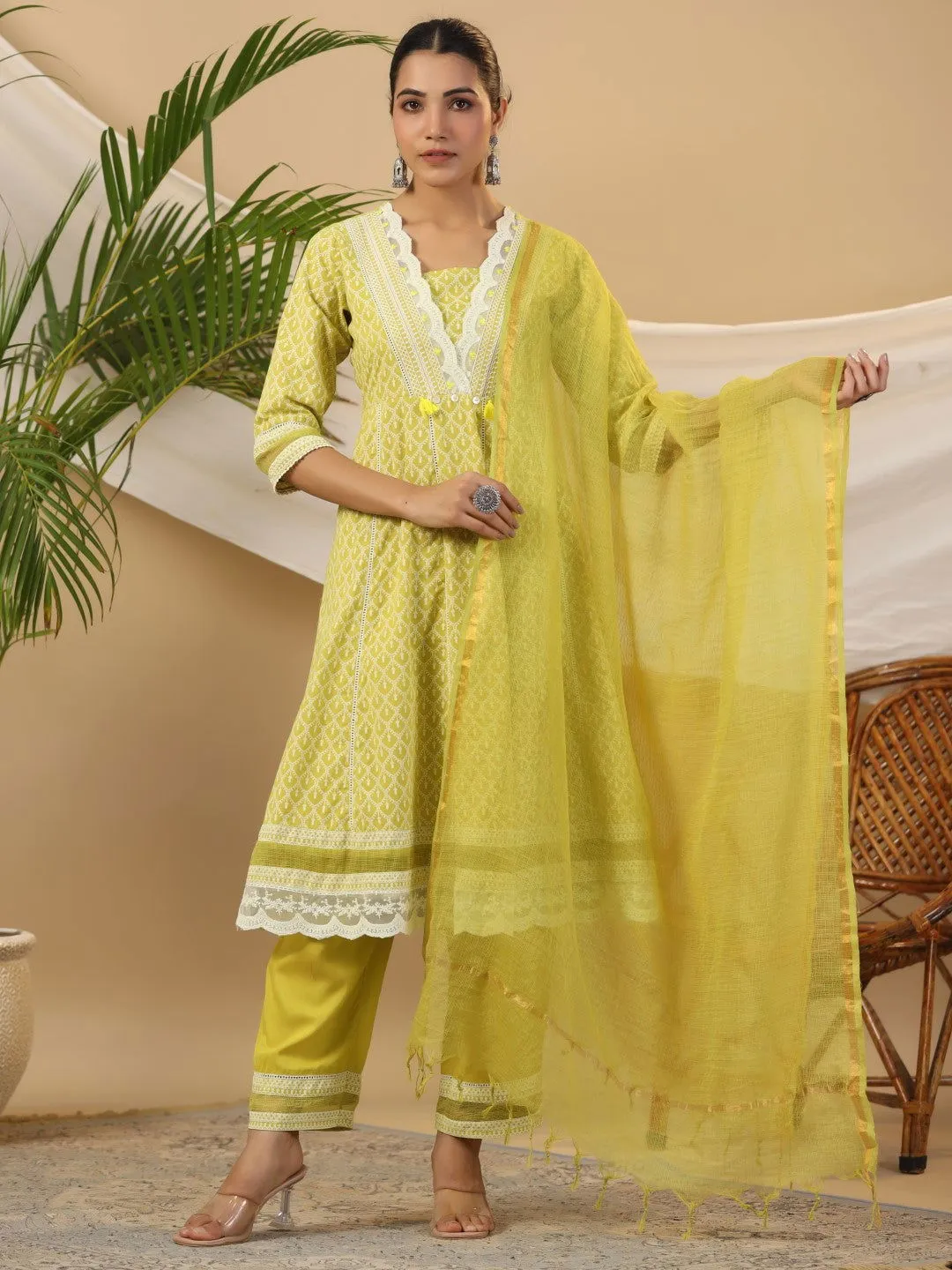 Juniper Ethnic Motif Print & Lacy Pure Cotton Kurta With Pant & Dupatta Set With Sequin Button & Tassel