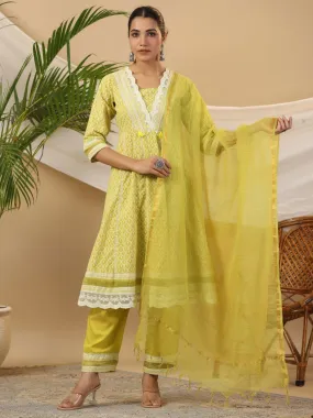 Juniper Ethnic Motif Print & Lacy Pure Cotton Kurta With Pant & Dupatta Set With Sequin Button & Tassel