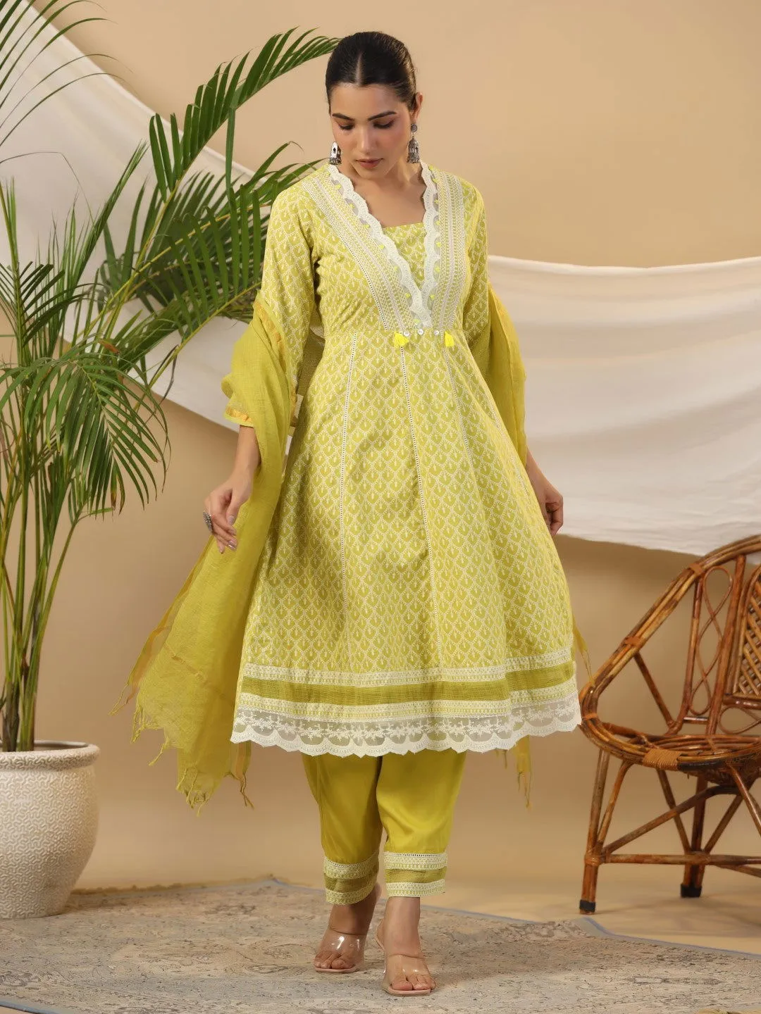 Juniper Ethnic Motif Print & Lacy Pure Cotton Kurta With Pant & Dupatta Set With Sequin Button & Tassel