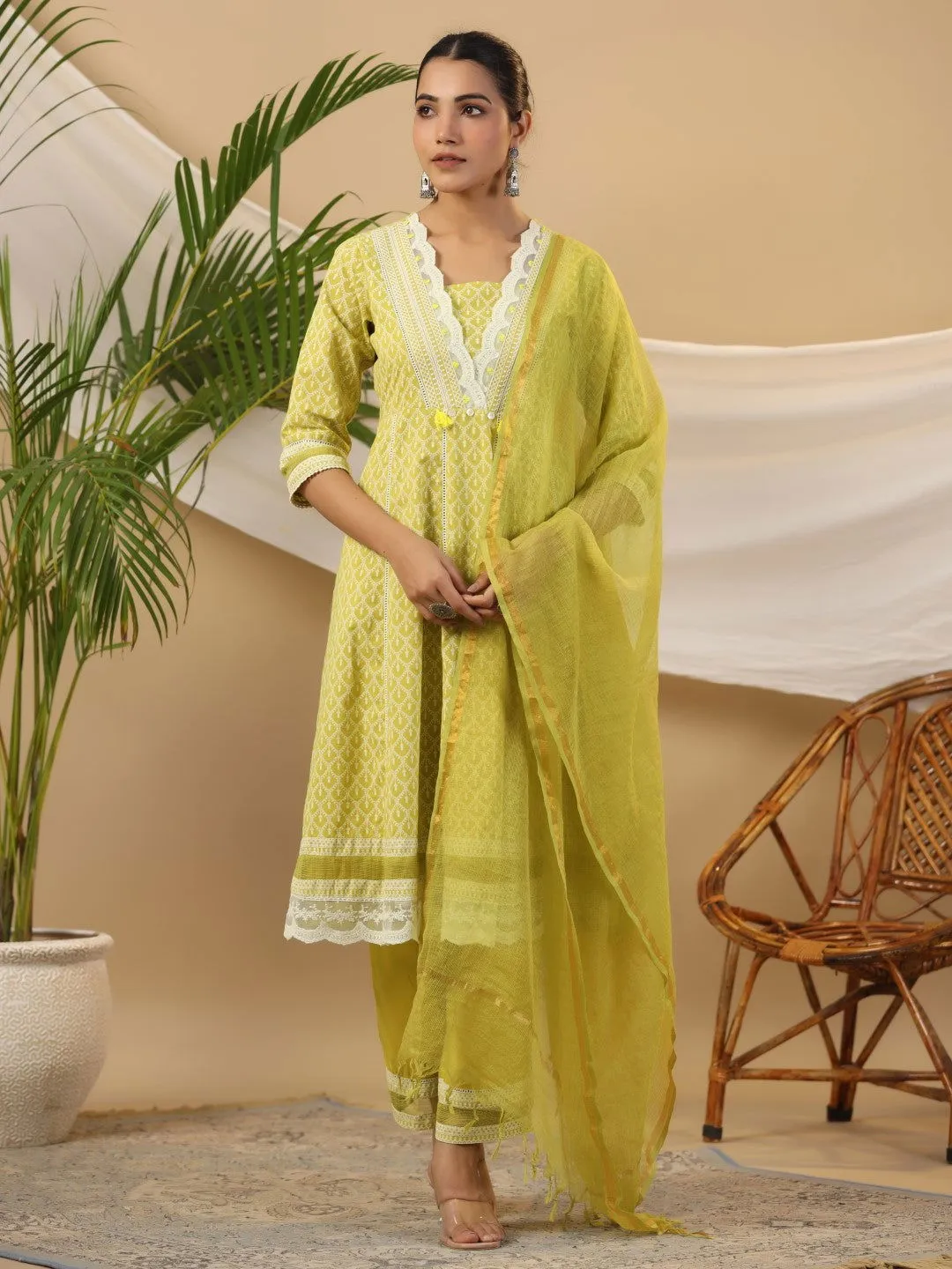 Juniper Ethnic Motif Print & Lacy Pure Cotton Kurta With Pant & Dupatta Set With Sequin Button & Tassel