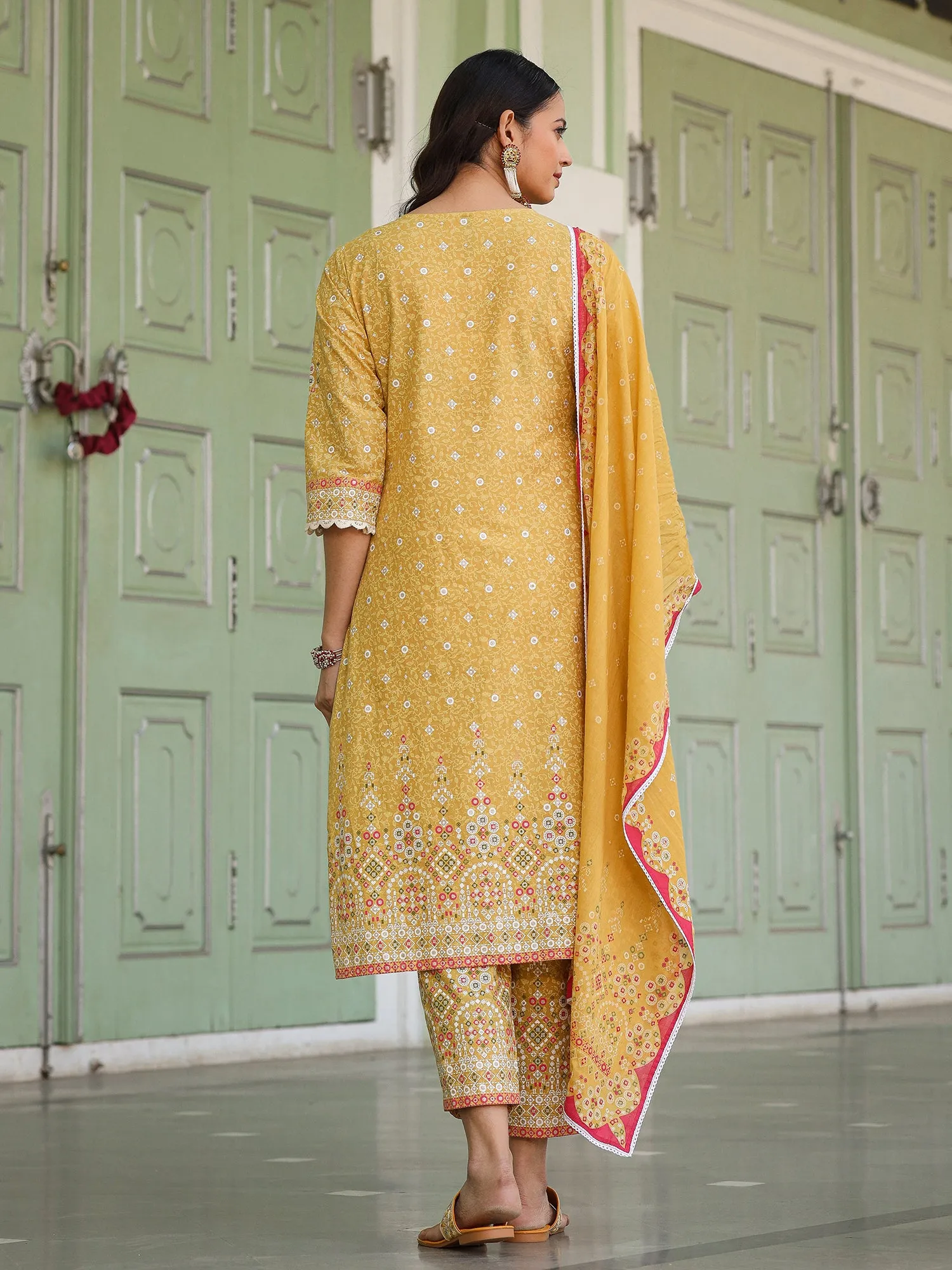 Juniper The Banjara Mustard Geometric Print Pure Cotton Kurta With Pant & Dupatta With Bead Sequin & Coin
