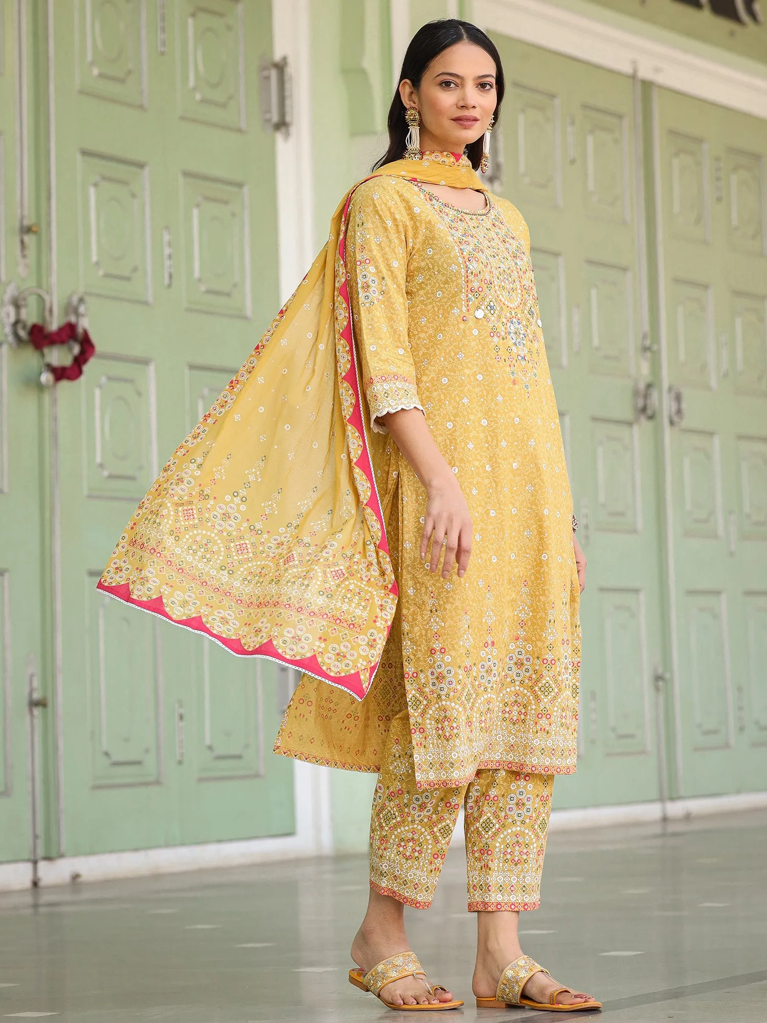 Juniper The Banjara Mustard Geometric Print Pure Cotton Kurta With Pant & Dupatta With Bead Sequin & Coin