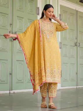 Juniper The Banjara Mustard Geometric Print Pure Cotton Kurta With Pant & Dupatta With Bead Sequin & Coin