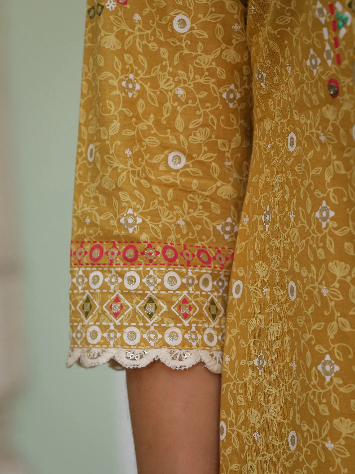 Juniper The Banjara Mustard Geometric Print Pure Cotton Kurta With Pant & Dupatta With Bead Sequin & Coin