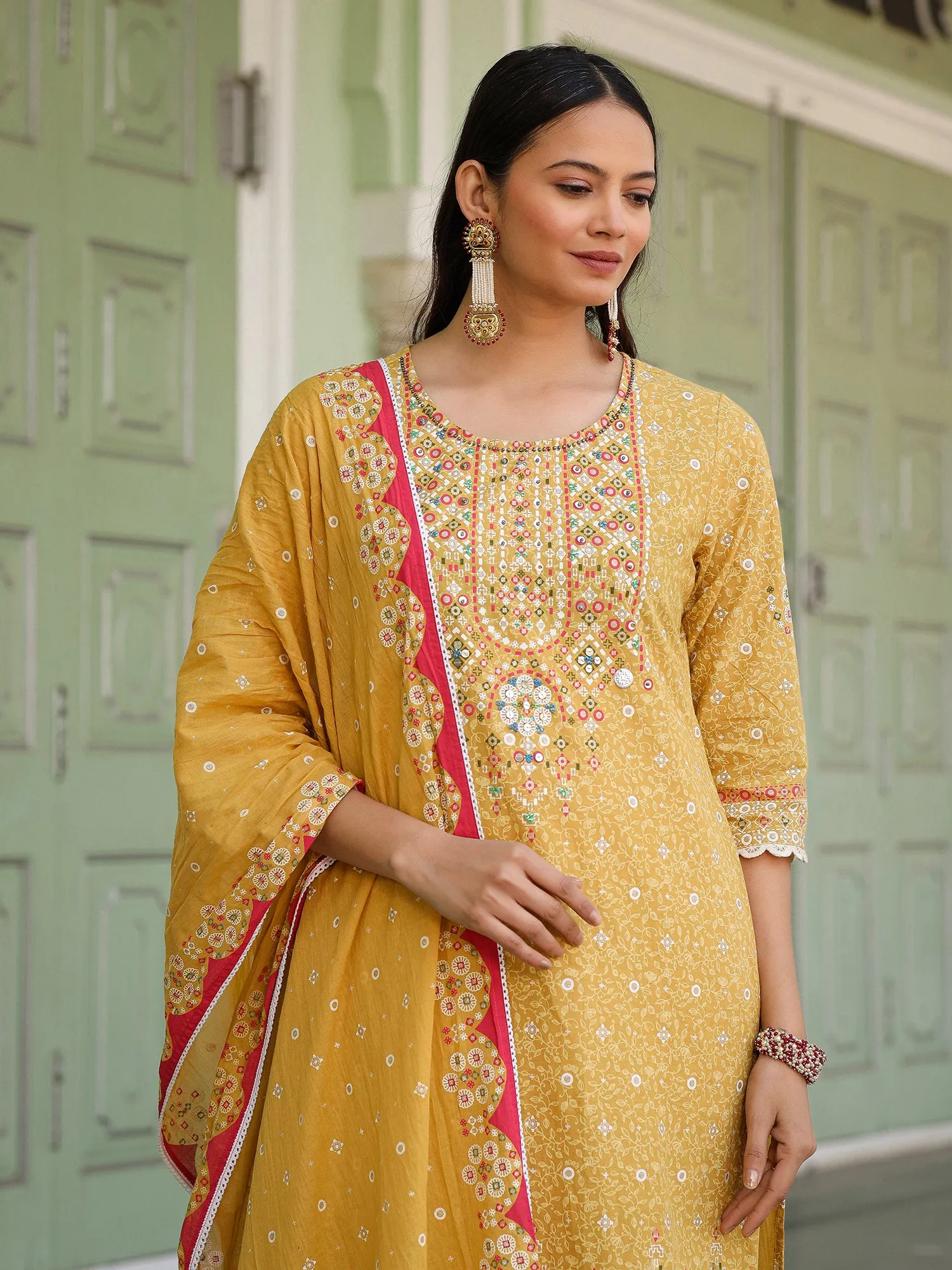Juniper The Banjara Mustard Geometric Print Pure Cotton Kurta With Pant & Dupatta With Bead Sequin & Coin