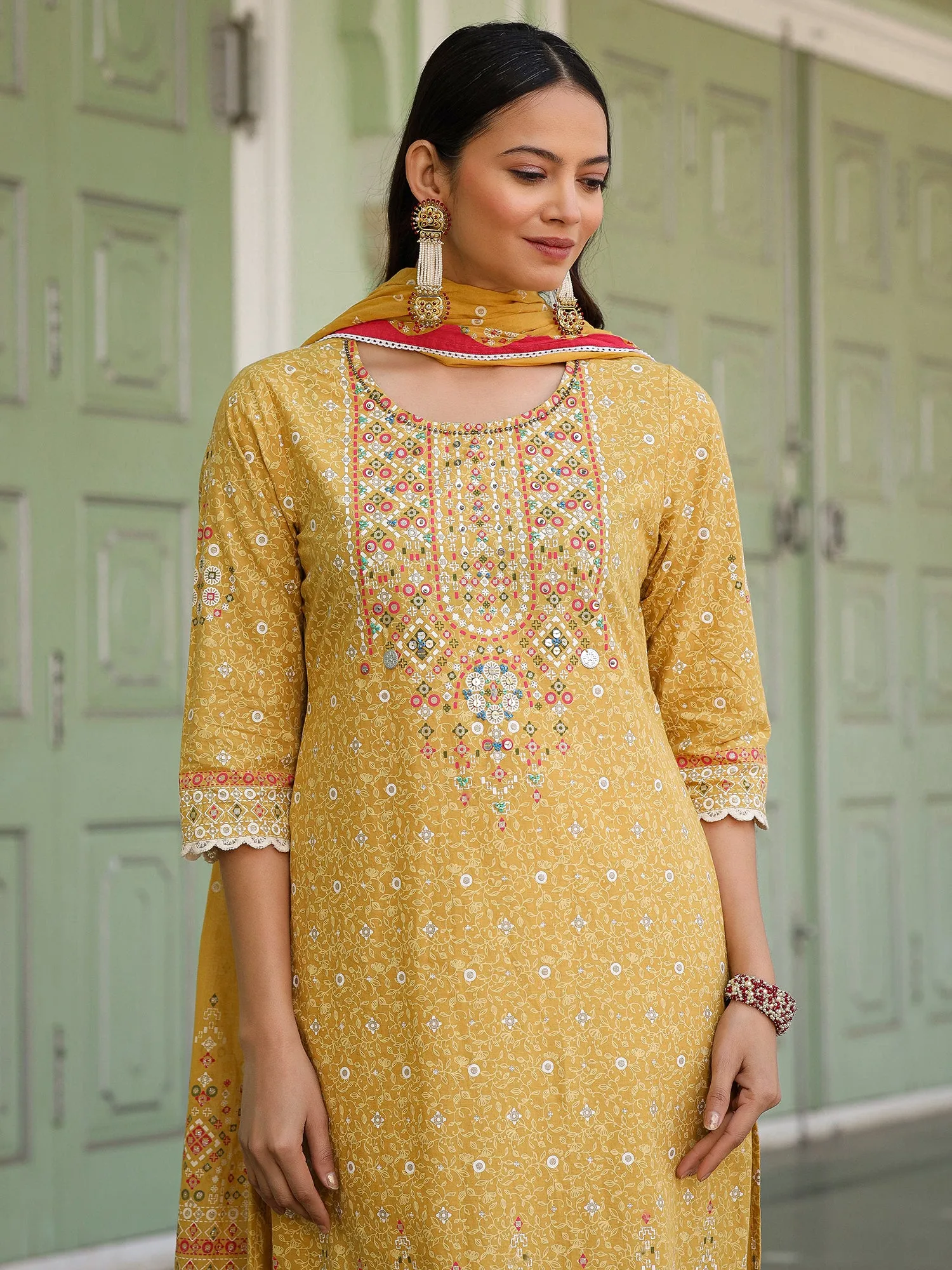 Juniper The Banjara Mustard Geometric Print Pure Cotton Kurta With Pant & Dupatta With Bead Sequin & Coin