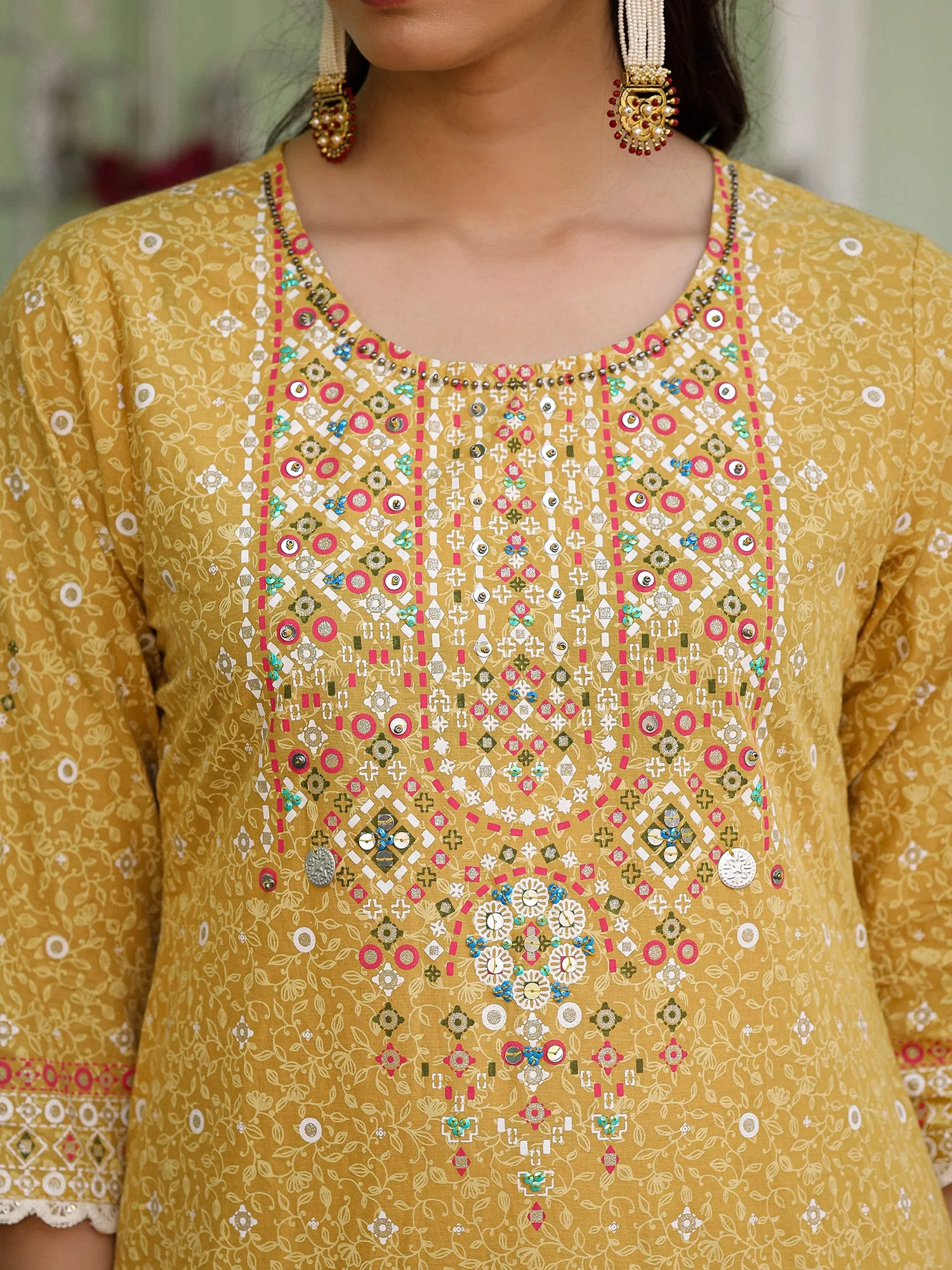 Juniper The Banjara Mustard Geometric Print Pure Cotton Kurta With Pant & Dupatta With Bead Sequin & Coin
