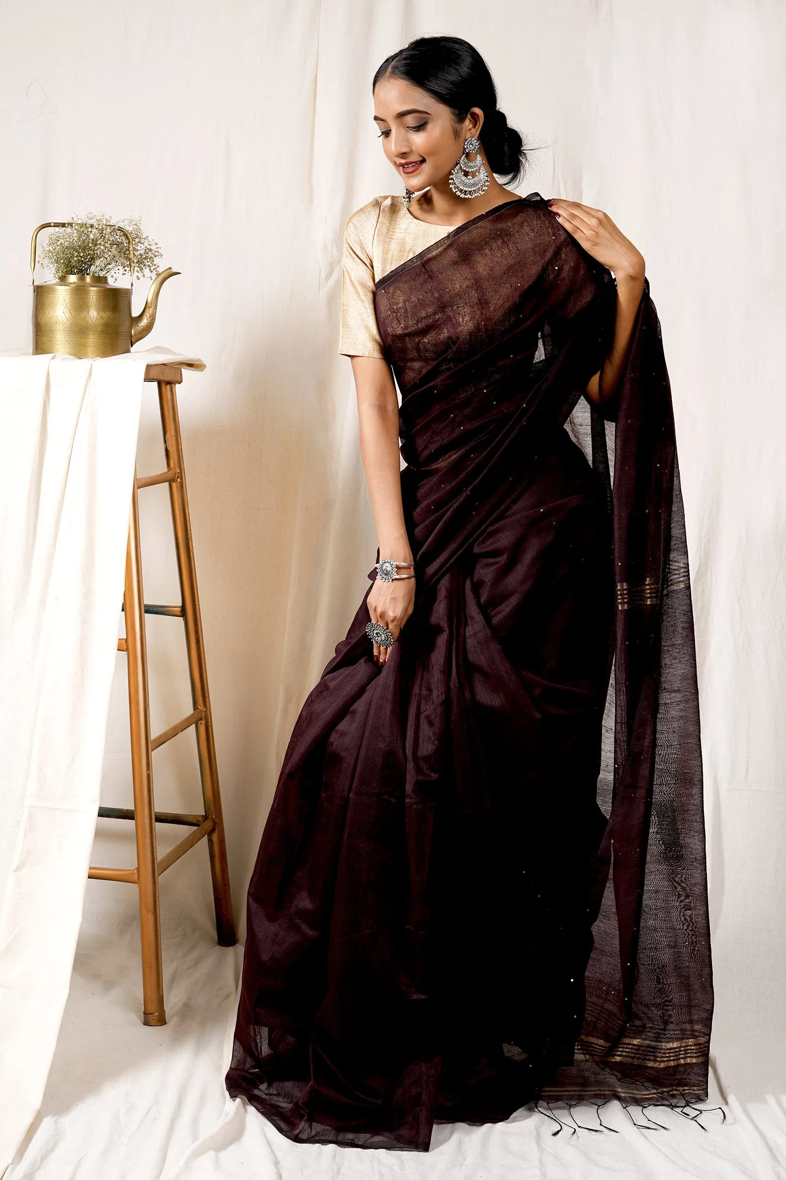 Teejh Choco Brown Handloom Box Sequin Saree
