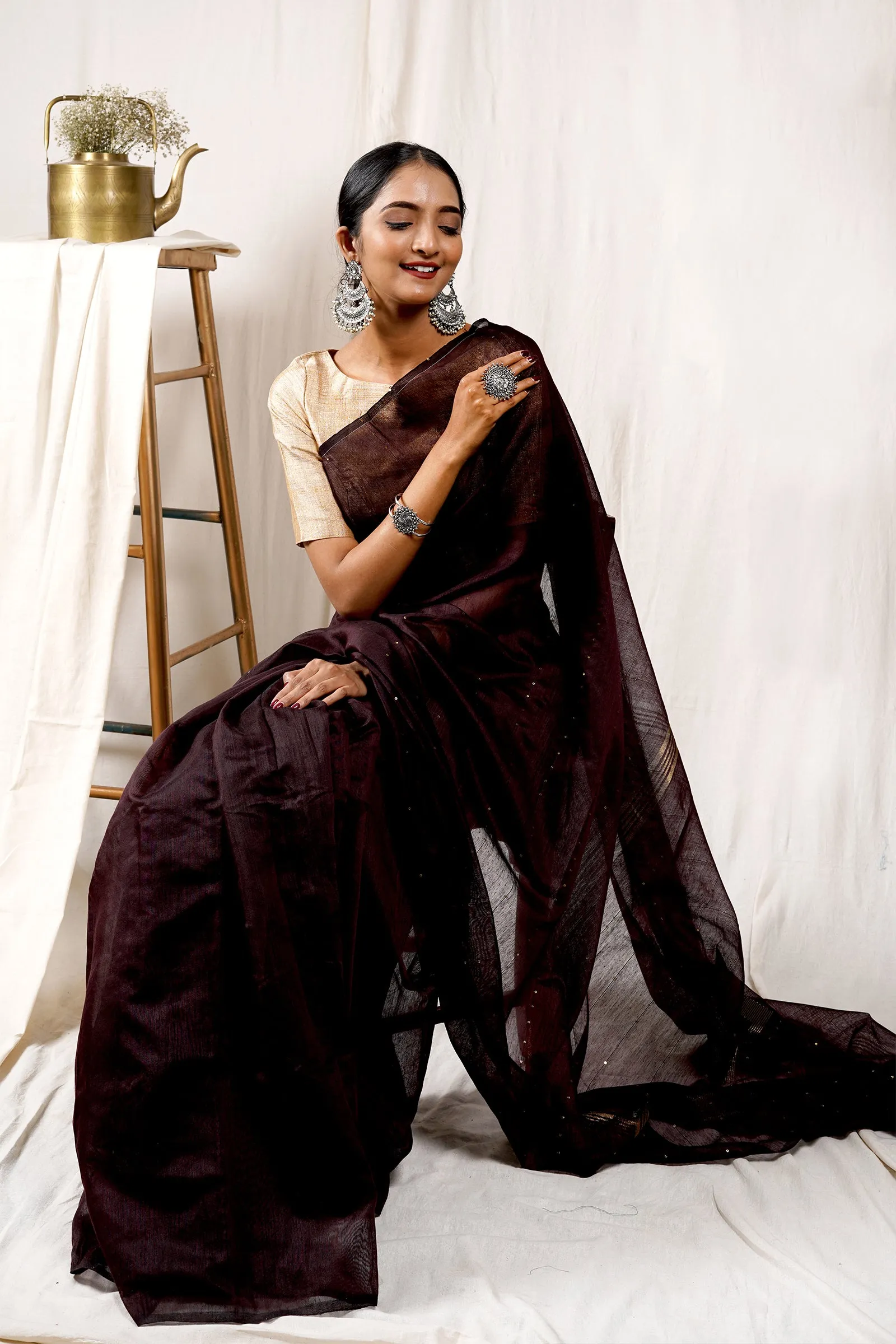 Teejh Choco Brown Handloom Box Sequin Saree
