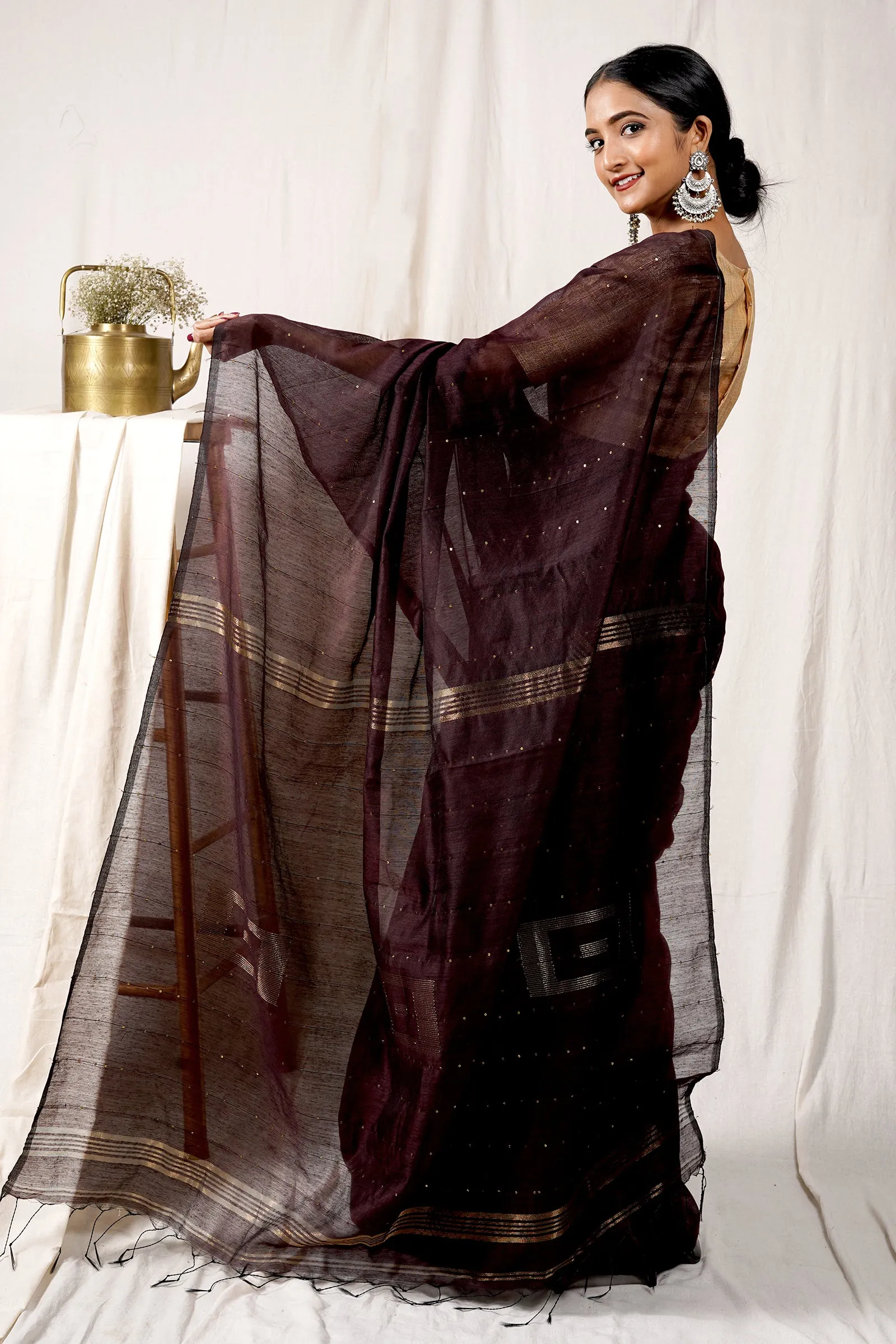 Teejh Choco Brown Handloom Box Sequin Saree