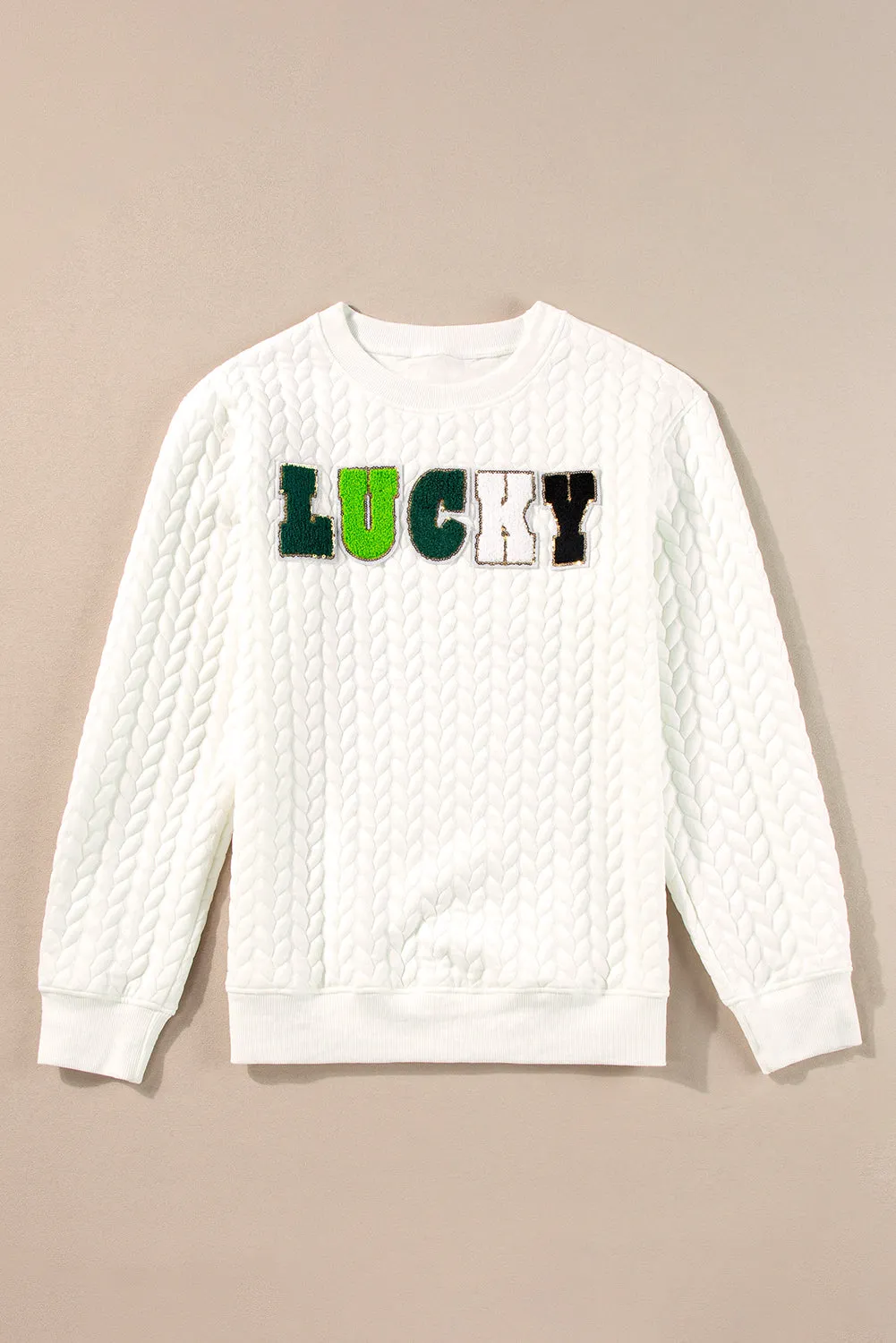 White LUCKY Chenille Embroidered Cable Knit Pullover Sweatshirt