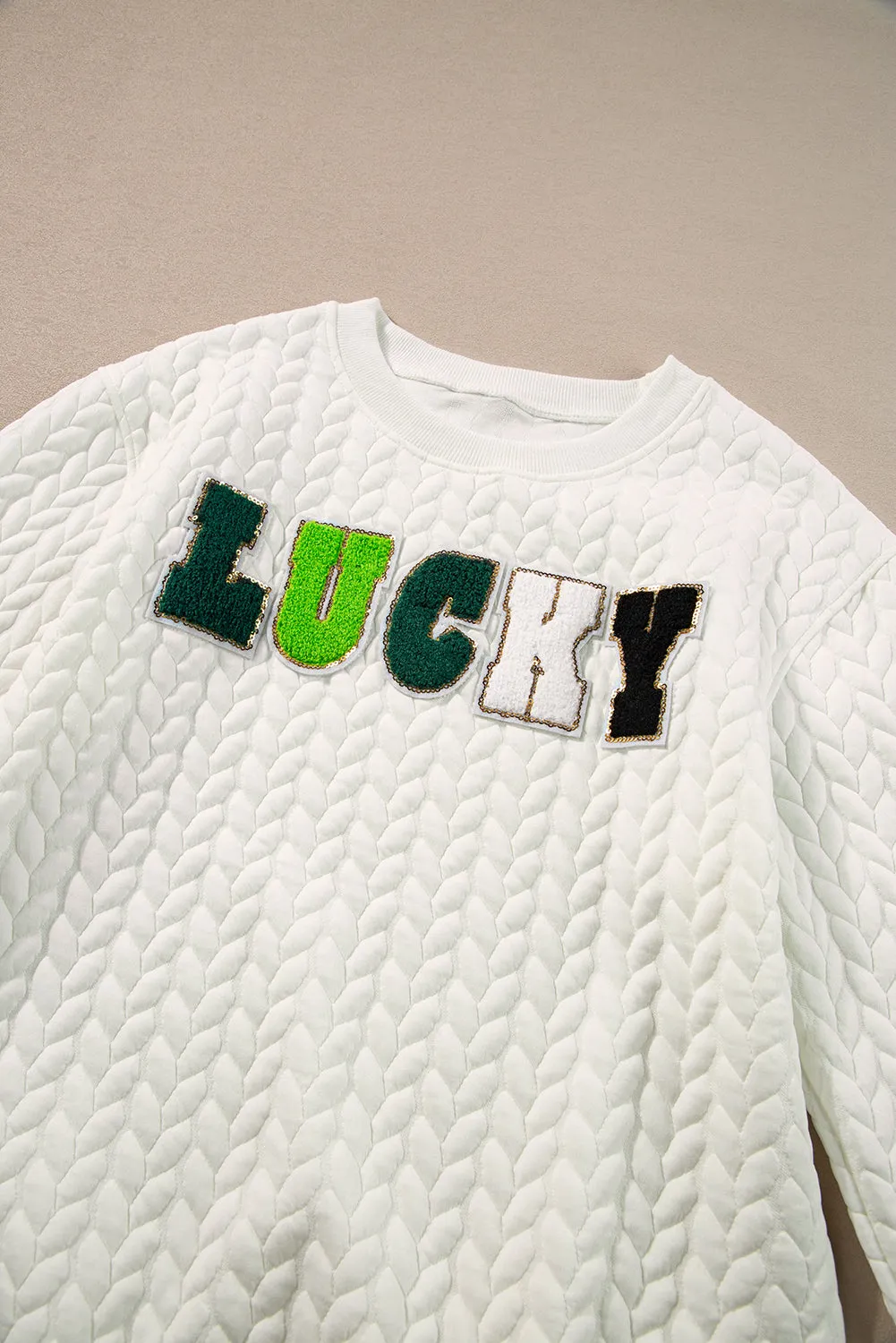 White LUCKY Chenille Embroidered Cable Knit Pullover Sweatshirt